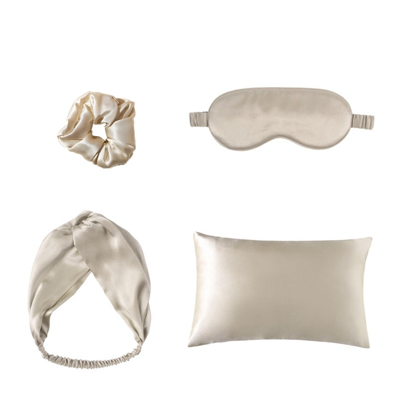 Champagne four-piece satin set with flat mask, pillowcase, scrunchie and headband