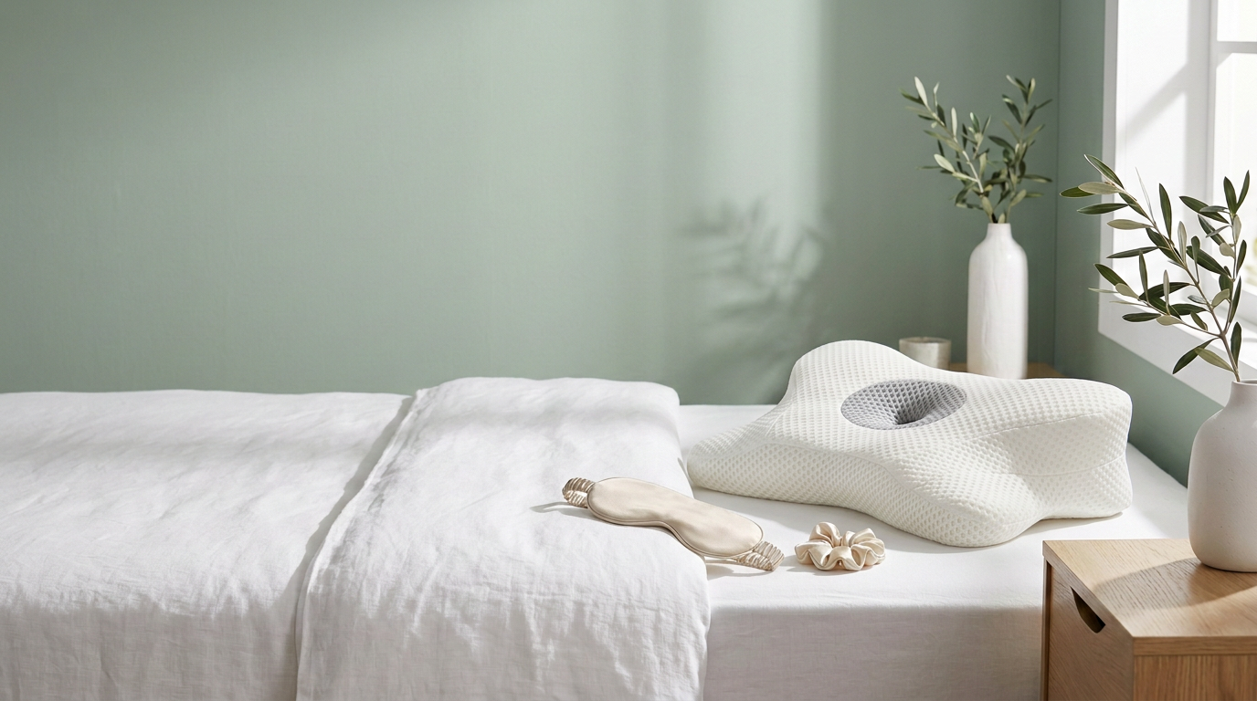 The white Doth contour pillow and champagne satin mask on a sunlit bed
